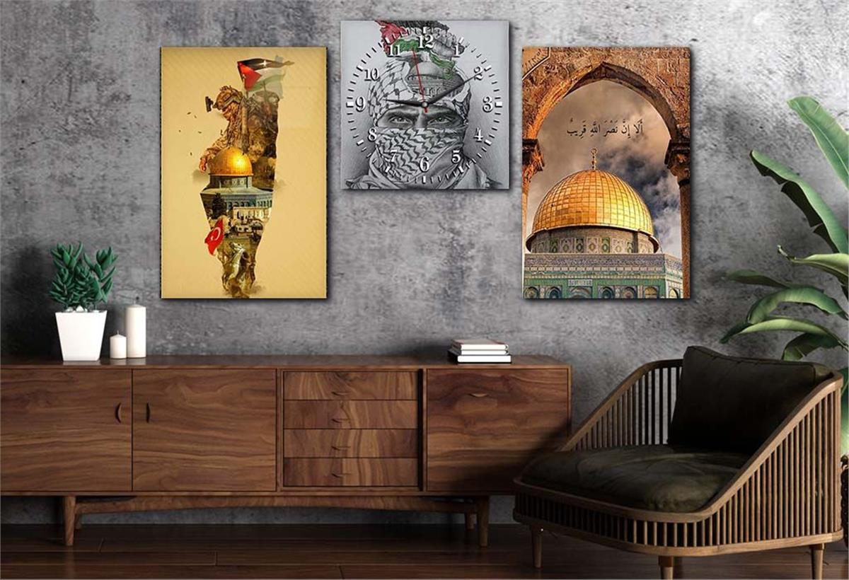 KUDÜS GÖRSELLİ CAM TABLO VE CAM DUVAR SAATİ SETİ 