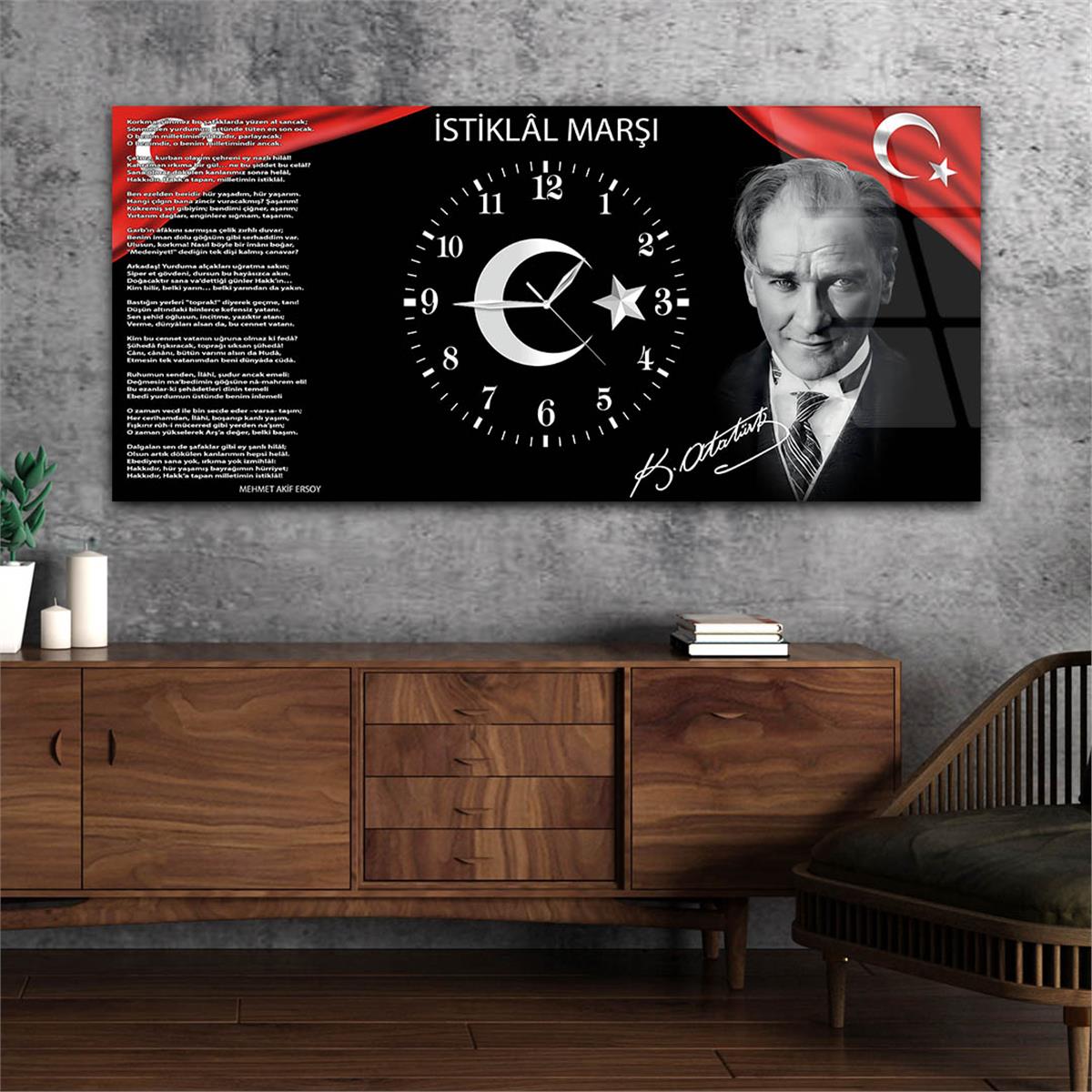 Yatay Ortadan Saatli  Vatan Temalı Cam Tablo 013