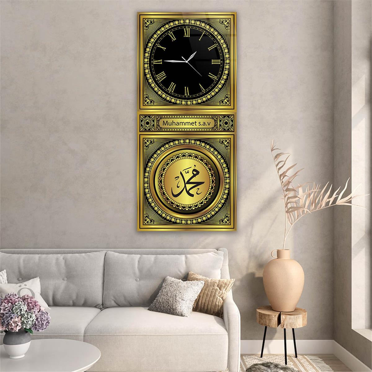 Dikey Üstten Saatli Dini Temalı Cam Tablo 036
