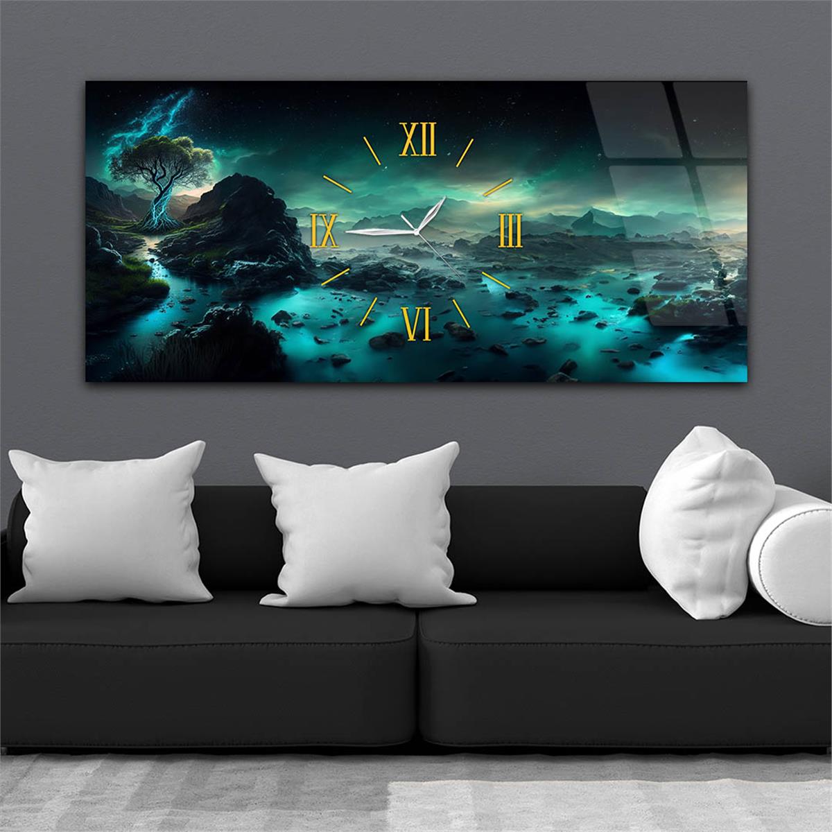 Horizontaal, in Het Midden Voorzien Van Een Klok, Kunst En Natuur Thema Gehard Glasschilderij 063