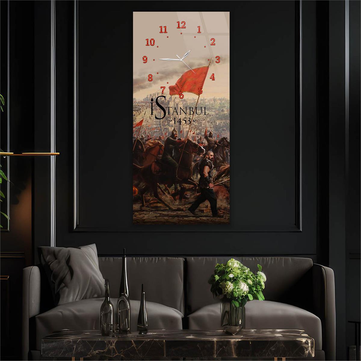 Vertical National Themed Glass Wall Art with Clock at the Top 032