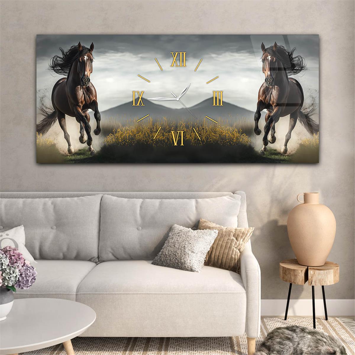 Yatay Ortadan Saatli  Sanat ve Doğa Temalı Cam Tablo 057