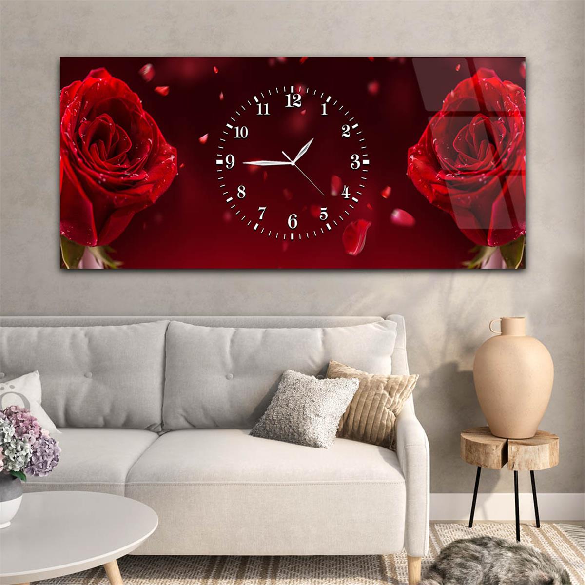 Yatay Ortadan Saatli  Sanat ve Doğa Temalı Cam Tablo 035