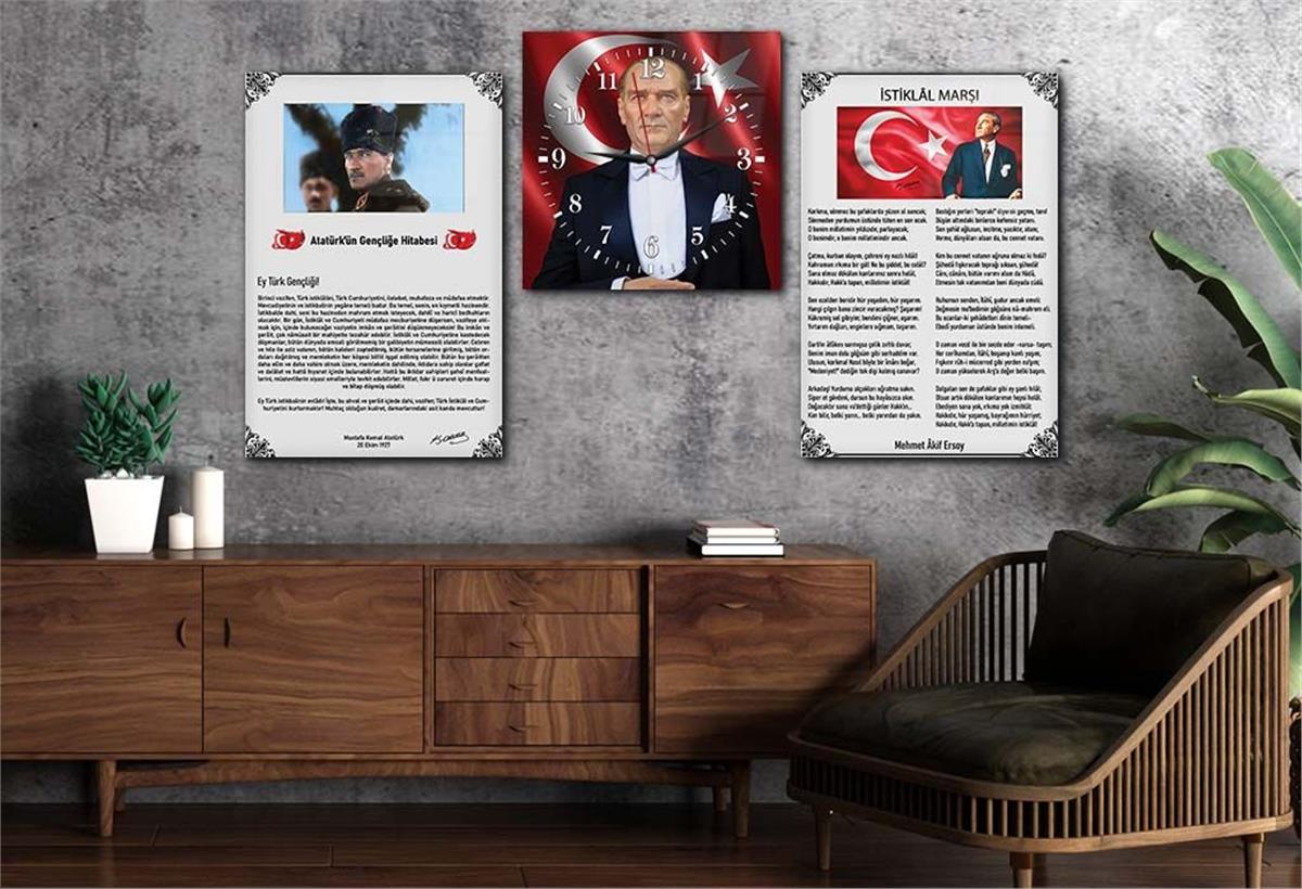 Atatürk, Independence March, and Youth Address Glass Wall Art Set with Clock