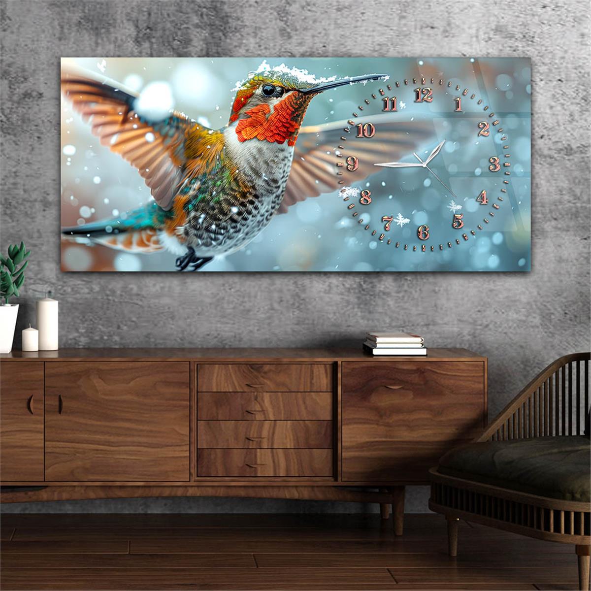 Yatay Saatli Yandan Sanat Temalı Cam Tablo 368