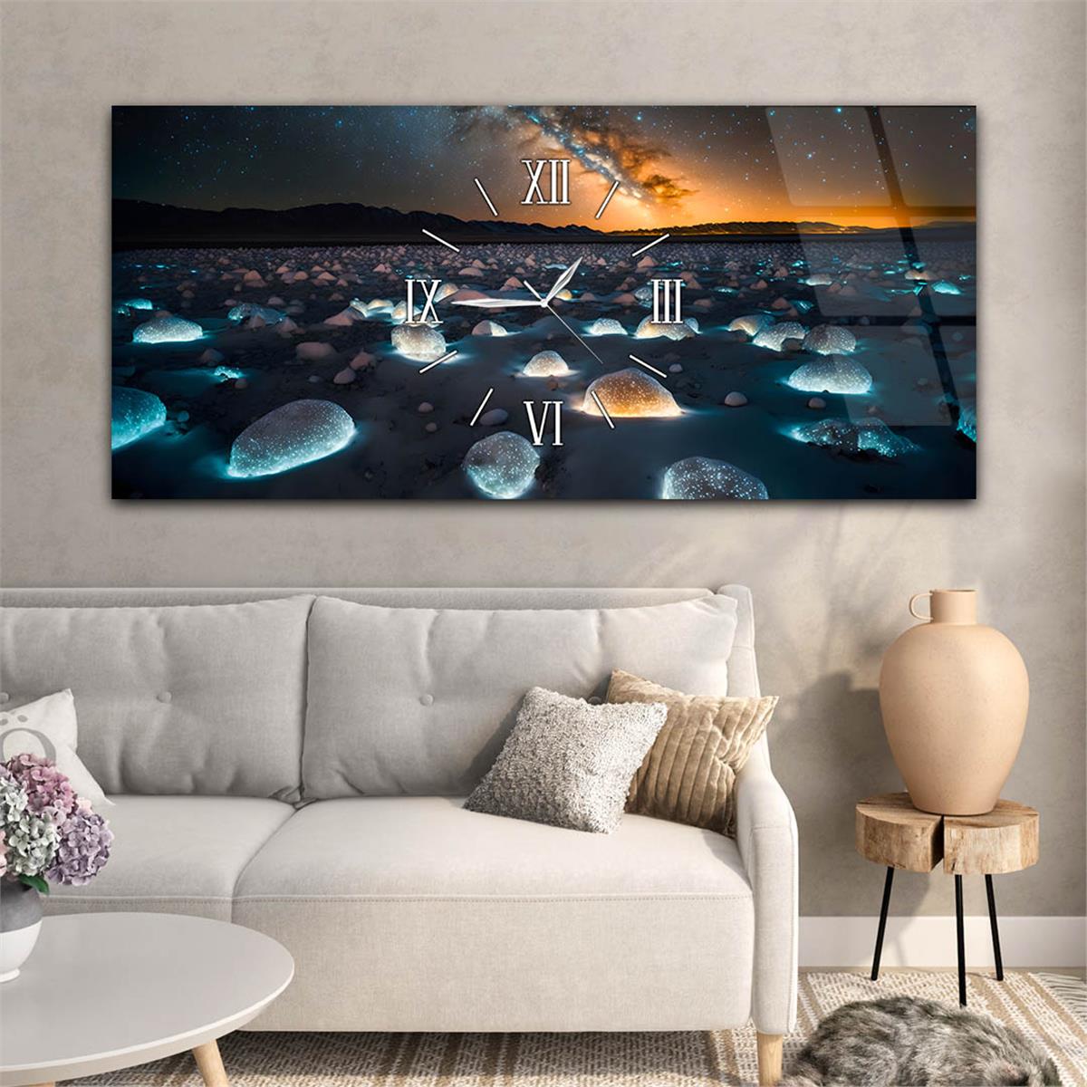 Yatay Ortadan Saatli  Sanat ve Doğa Temalı Cam Tablo 104