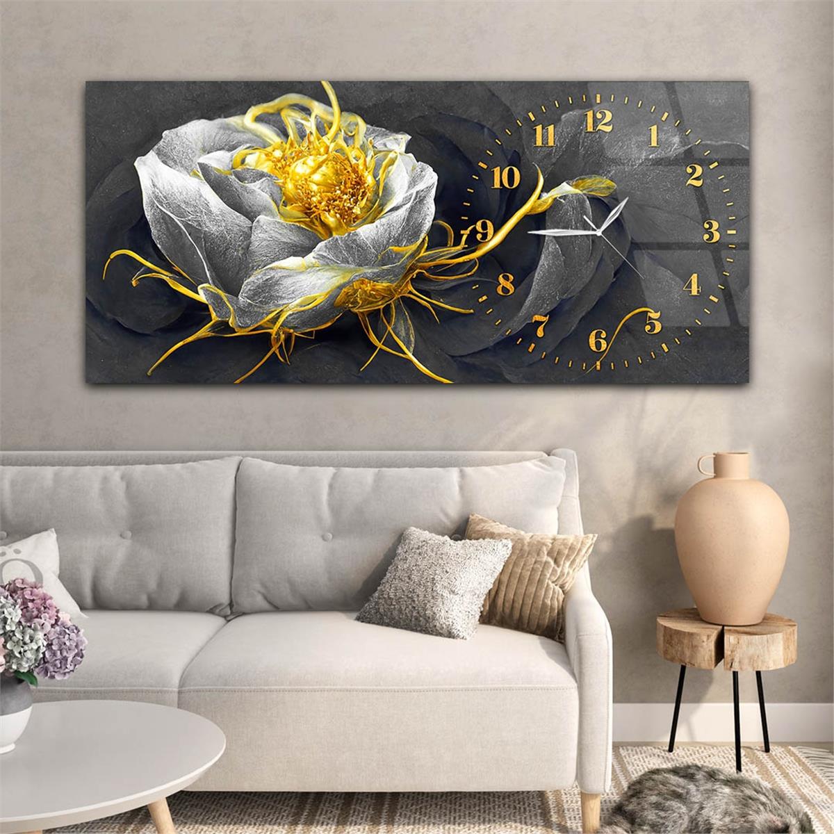 Yatay Saatli Yandan Sanat Temalı Cam Tablo 245