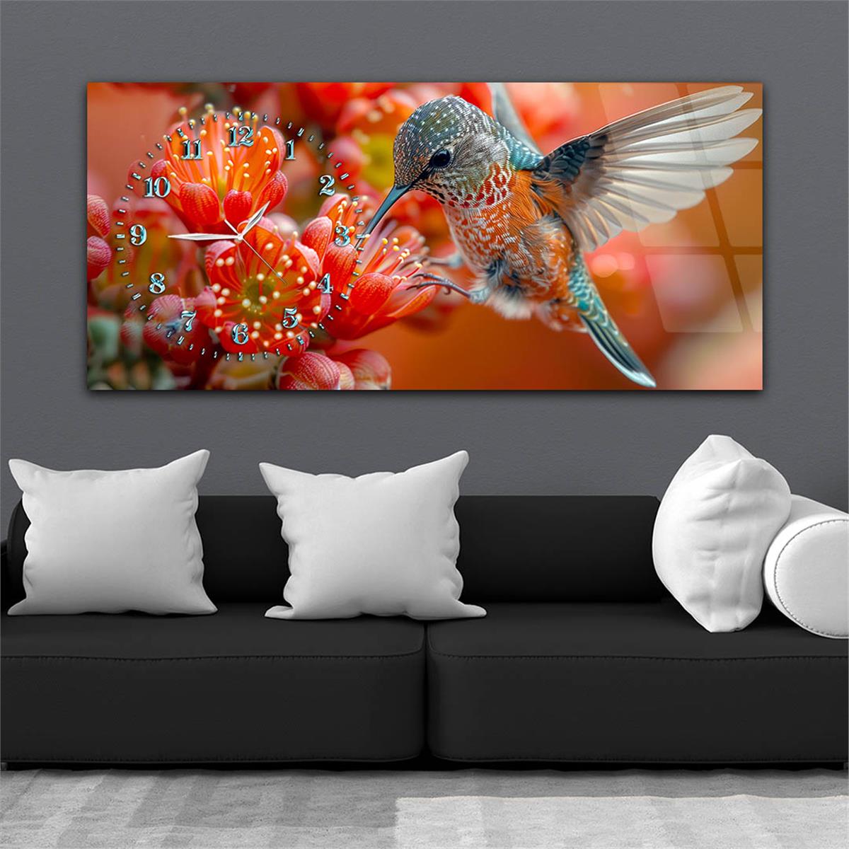 Yatay Saatli Yandan Sanat Temalı Cam Tablo 370