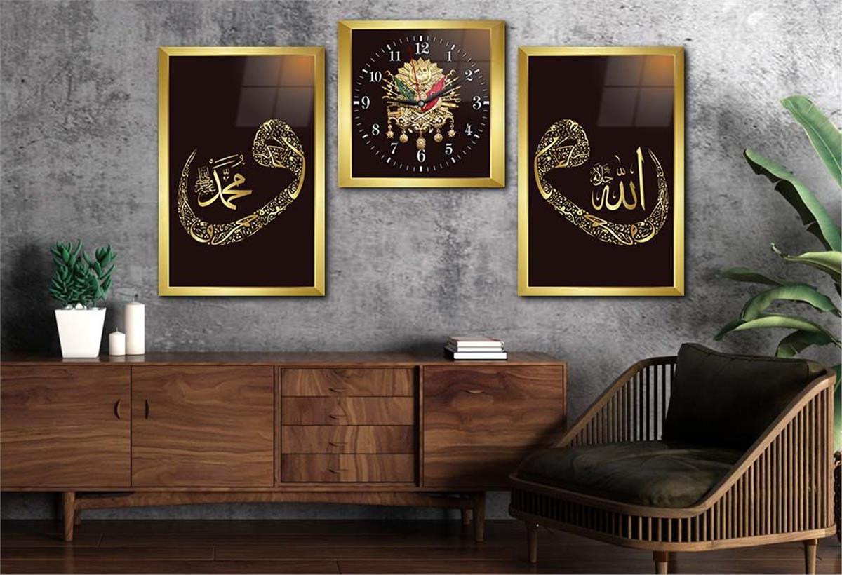 VAV İÇERİSİNDE ALLAH C.C İSMİ PEYGAMBER EFENDİMİZİN İSMİ VE OSMANLI DEVLET DEVLET ARMASI GÖRSELLİ CAM TABLO SAAT SETİ  