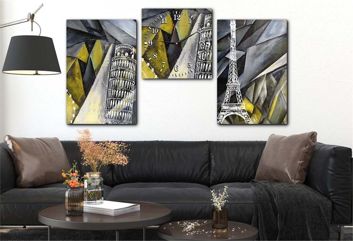 Tempered Glasss Wall Arts Art-Themed Set with Clock