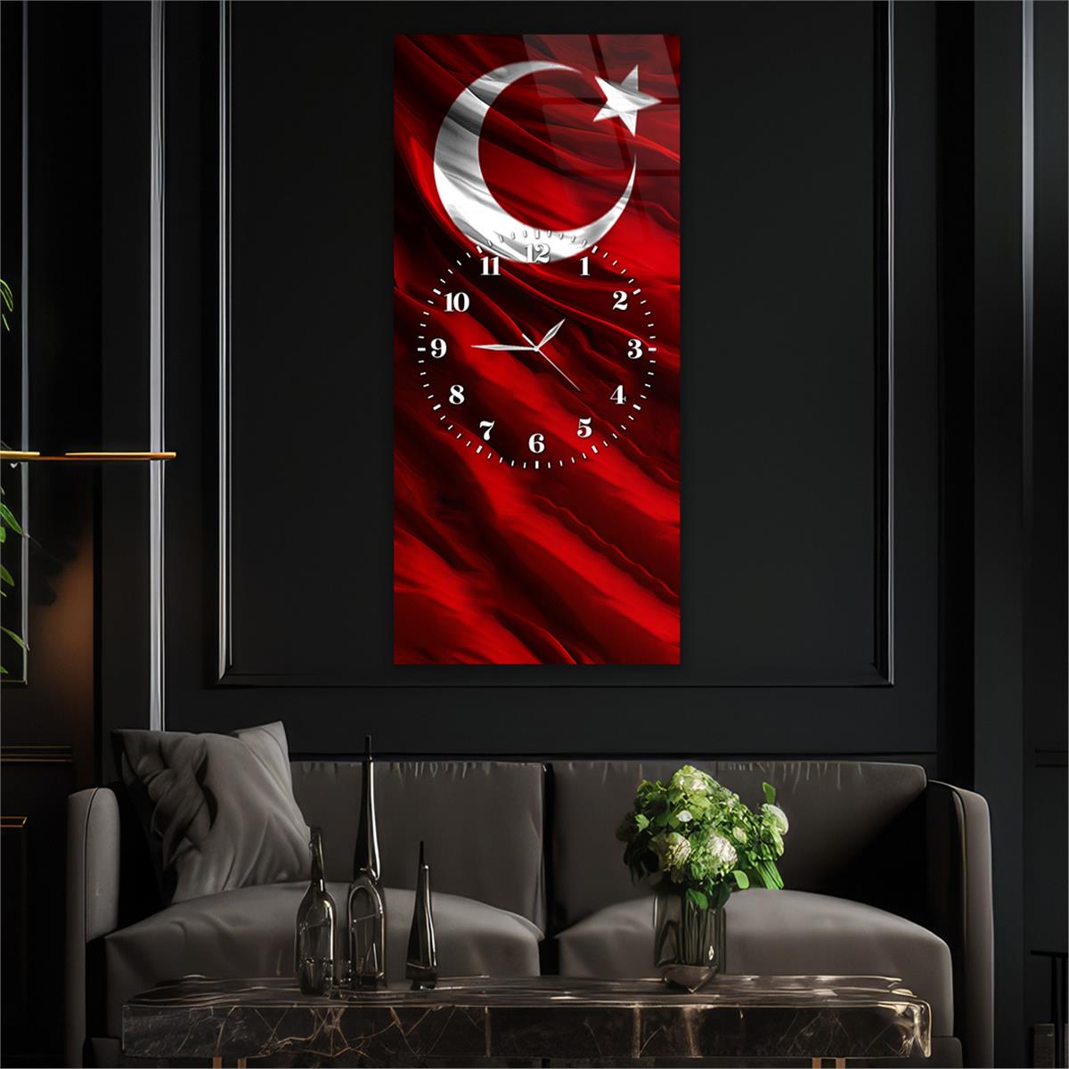 Dikey Ortadan Saatli Vatan Temalı Cam Tablo 001