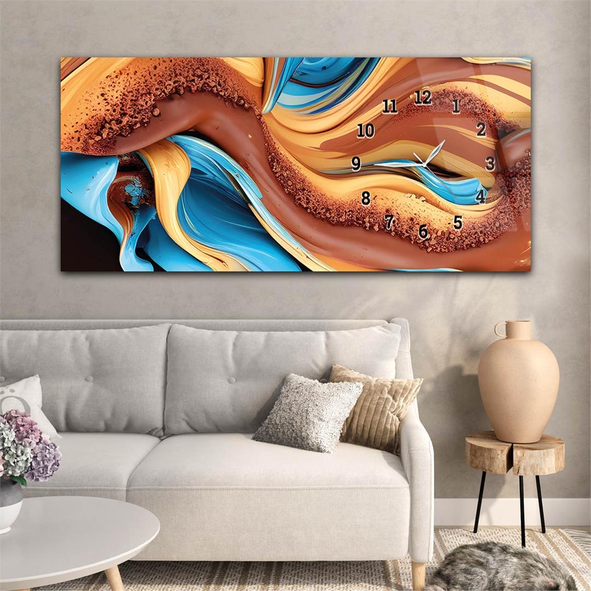 Yatay Saatli Yandan Sanat ve Doğa Temalı Cam Tablo 143