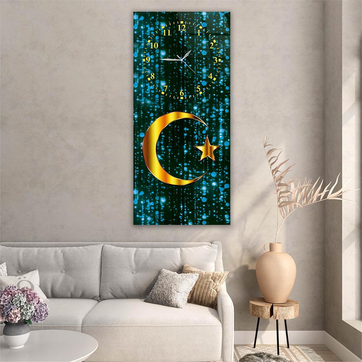 Dikey Üstten Saatli Vatan Temalı Cam Tablo 018