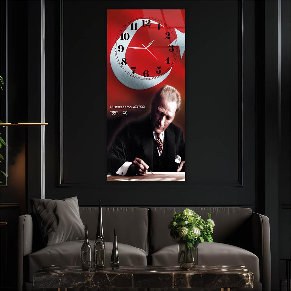 Dikey Üstten Saatli Vatan Temalı Cam Tablo 029