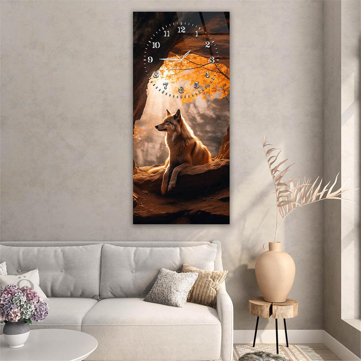 Dikey Üstten Saatli Sanat Temalı Cam Tablo 104