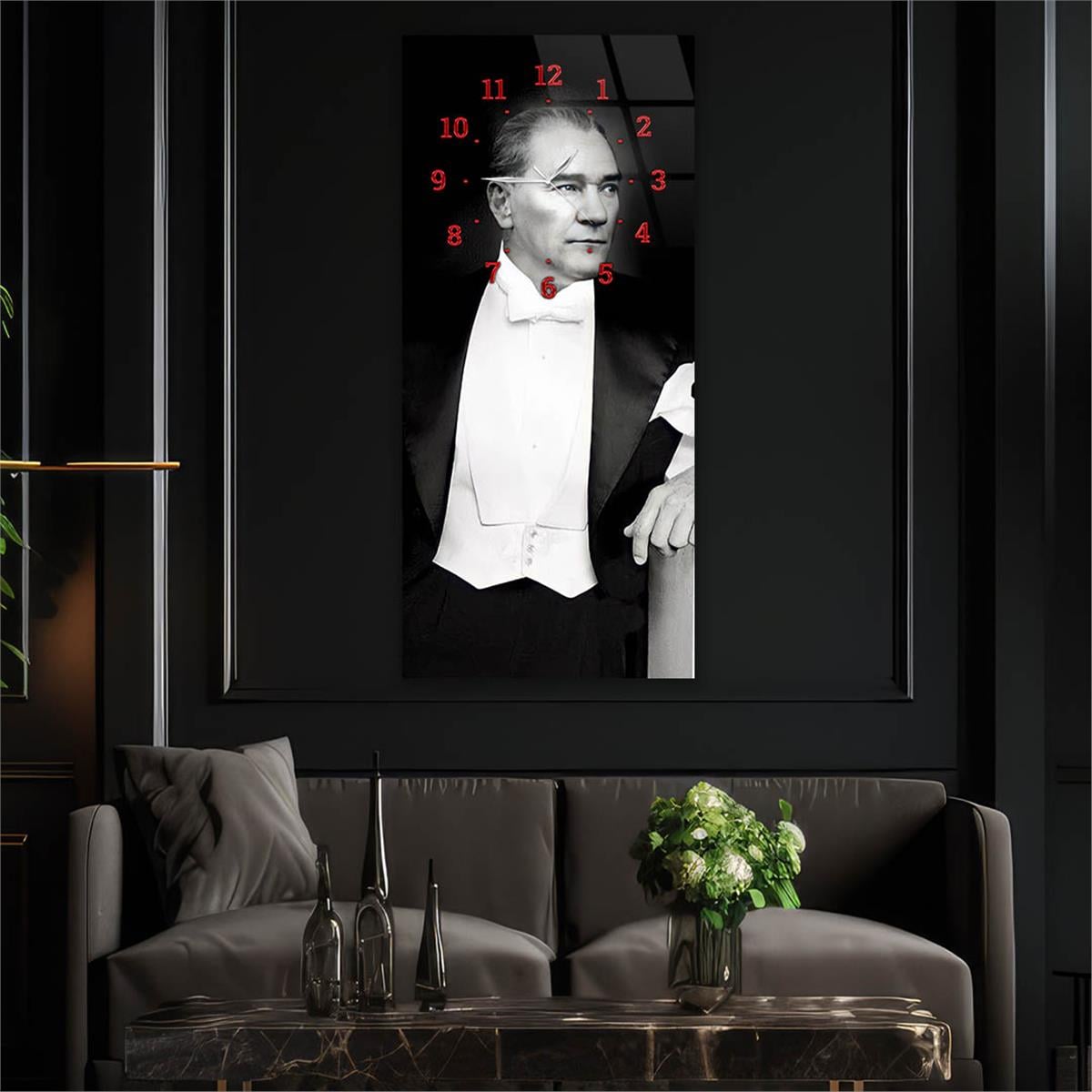 Dikey Üstten Saatli Vatan Temalı Cam Tablo 021