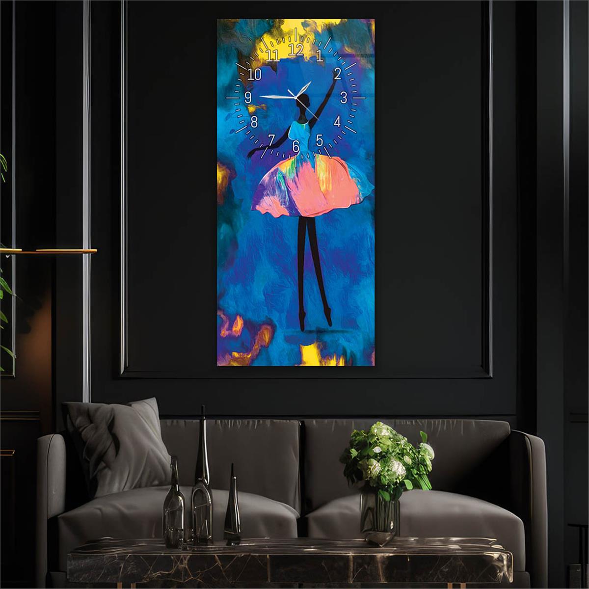Dikey Üstten Saatli Sanat Temalı Cam Tablo 062