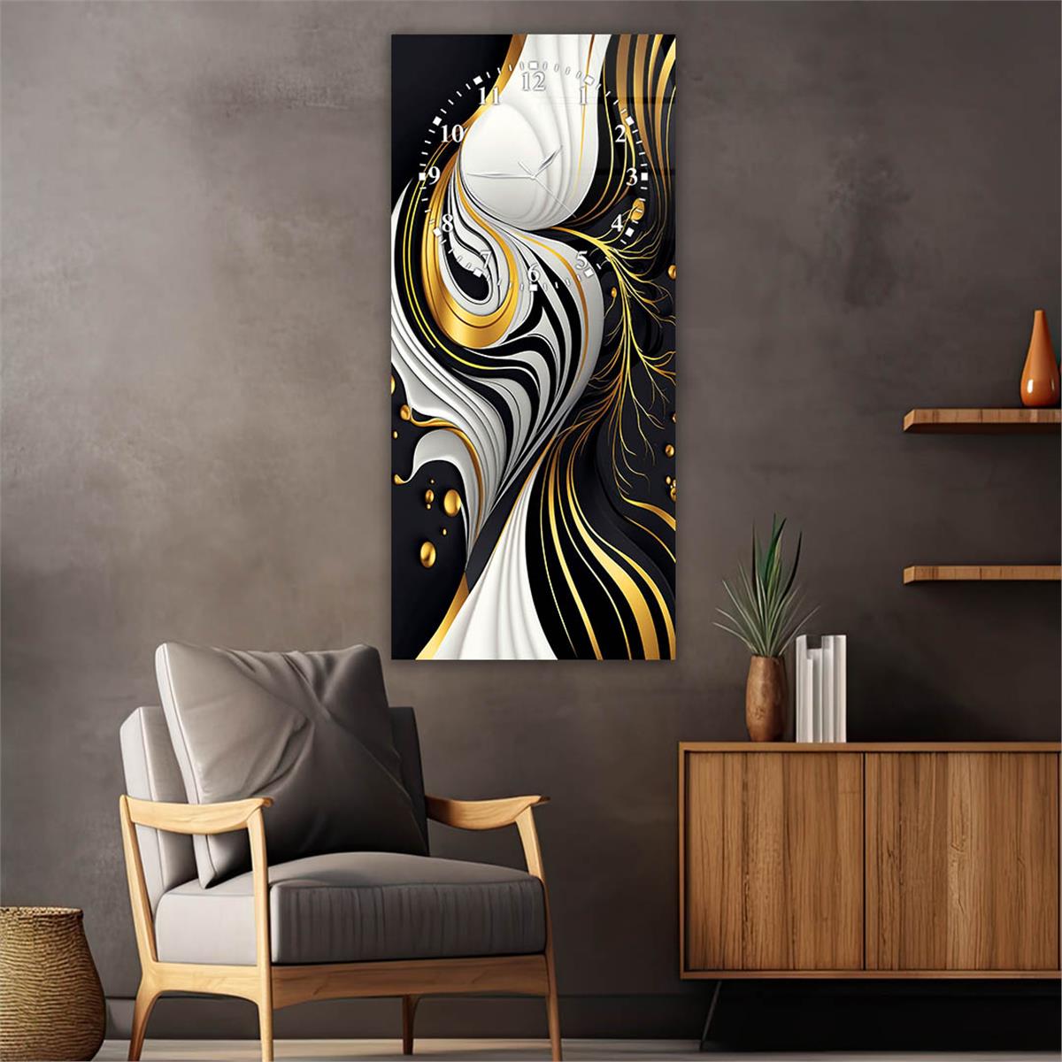 Dikey Üstten Saatli Sanat Temalı Cam Tablo 027