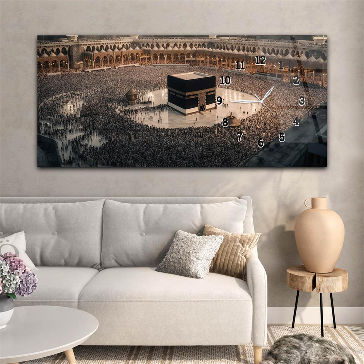 Kaaba Tavaf Horizontaal, Aan De Zijkant Voorzien Van Een Klok, Religieus Thema Gehard Glasschilderij 065