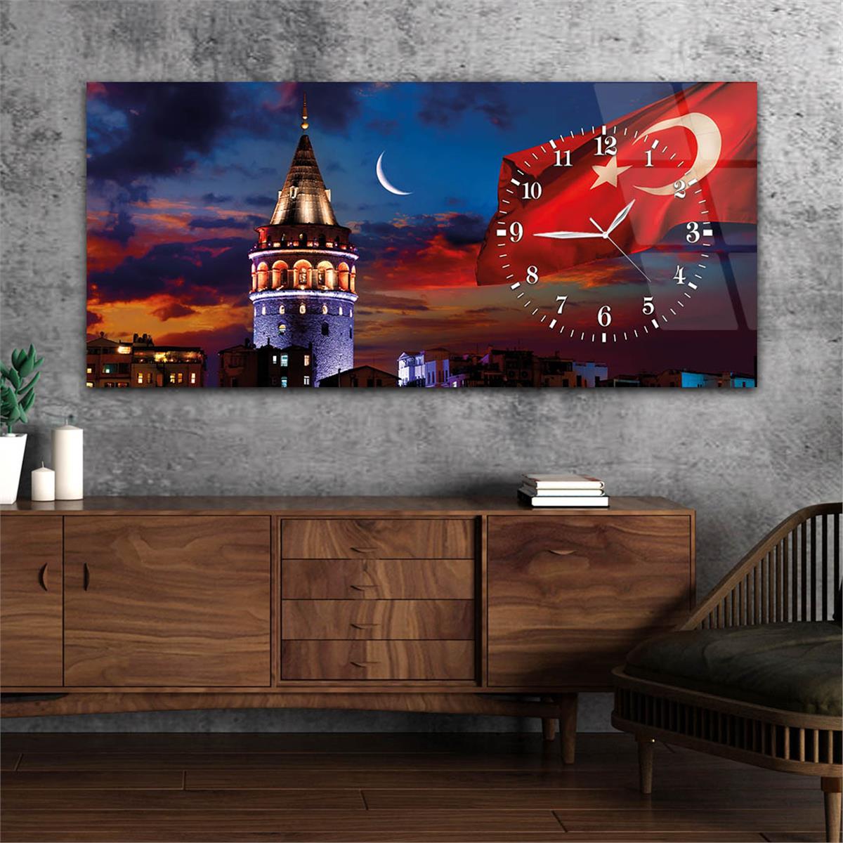 Yatay Saatli Yandan Vatan Temalı Cam Tablo 015