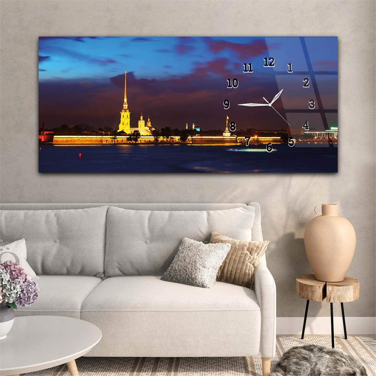 لوحة زجاجية  أفقية ذات طابع فني و طبيعي مع ساعة  جانبية  140