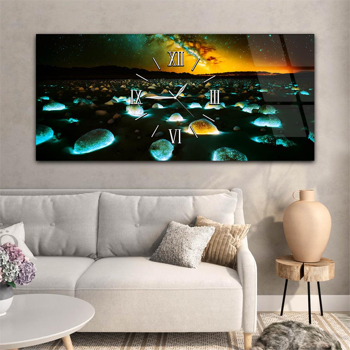 Yatay Ortadan Saatli  Sanat ve Doğa Temalı Cam Tablo 096