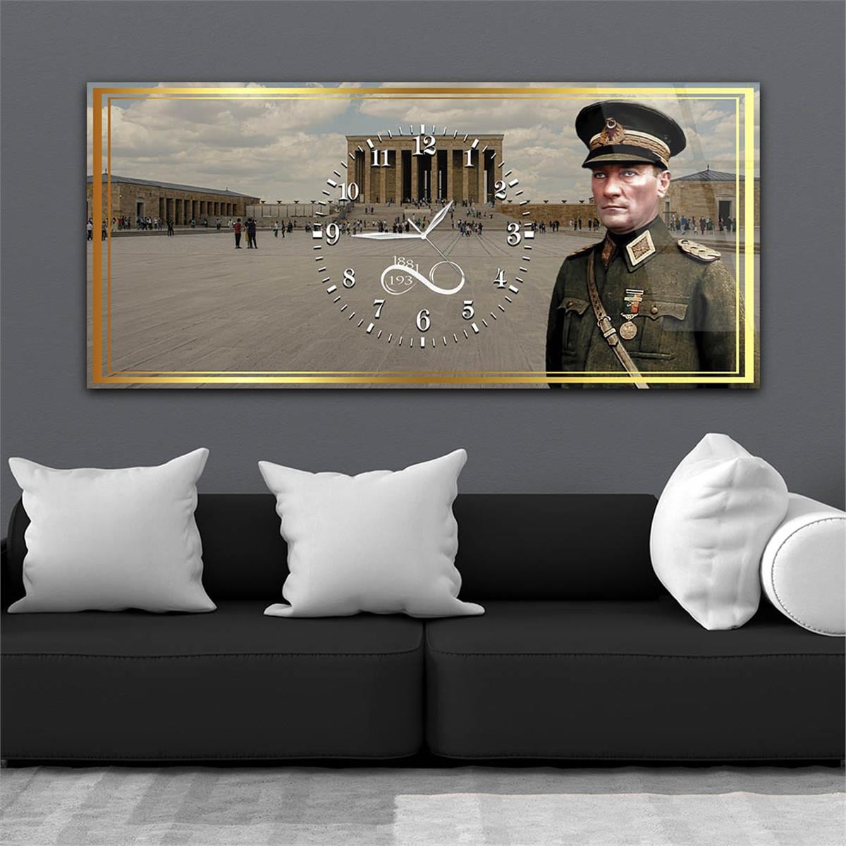 Askeri kıyafetli Atatürk ve Anıtkabir Yatay Ortadan Saatli  Vatan Temalı Cam Tablo 043