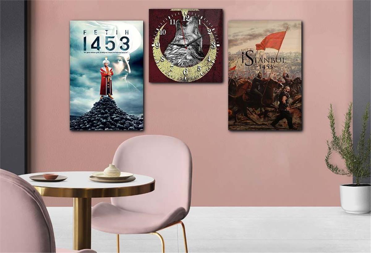 FATİH SULTAN MEHMET KHAN Tempered Glass Wall Art Set with Clock 