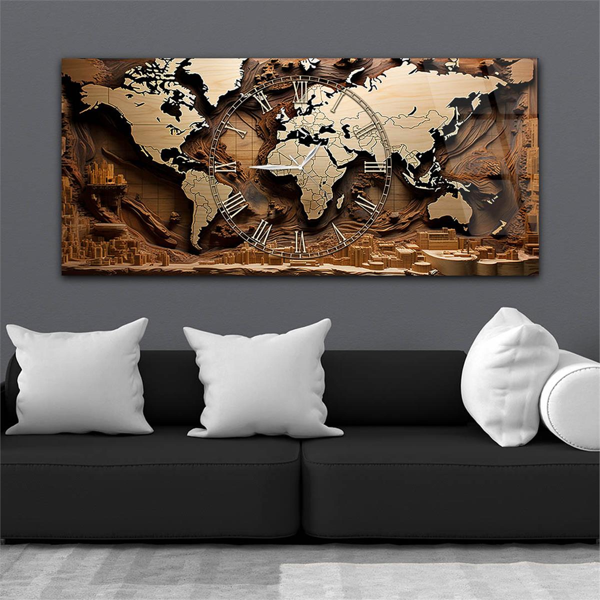 Koyu Kahve Zemin Üzerinde Roma Rakam Saatli Açık Kahve Dünya Haritası Cam Tablo - Şık ve Modern Dekorasyon