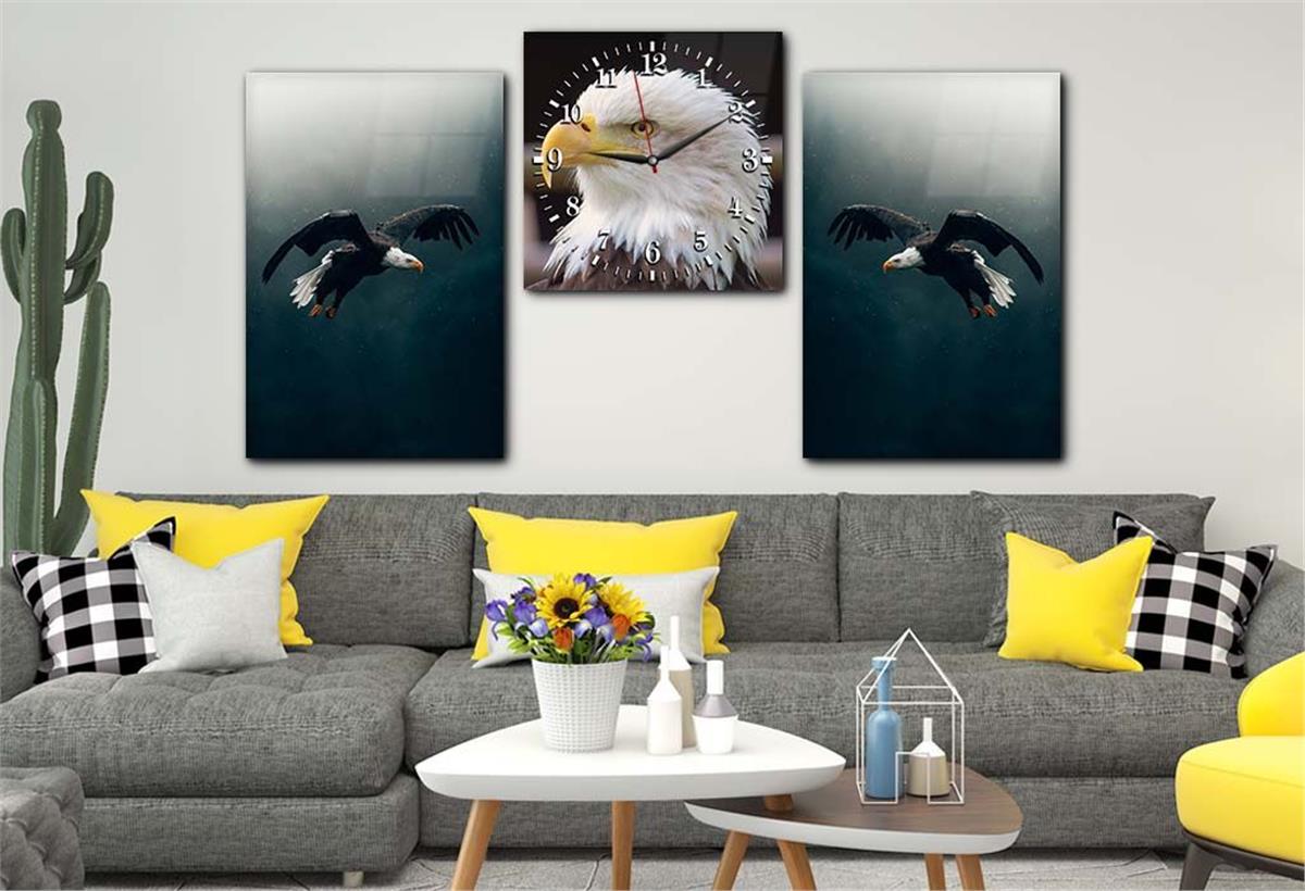 Eagle Tempered Glass Wall Art Set with Clock