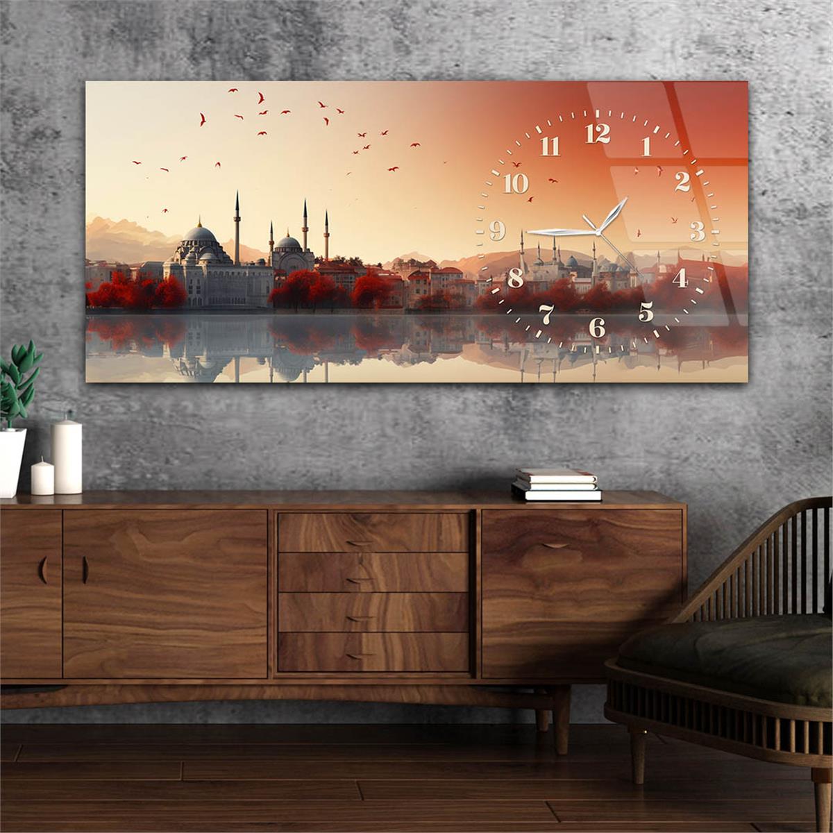 Yatay Saatli Yandan Dini Temalı Cam Tablo 070