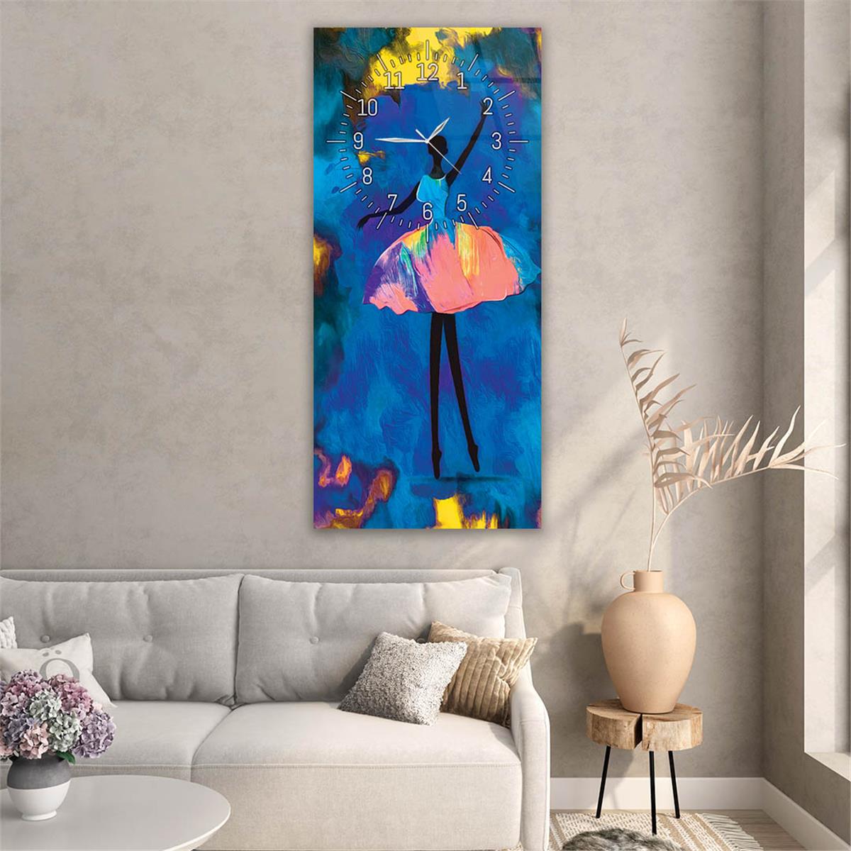 Dikey Üstten Saatli Sanat Temalı Cam Tablo 062