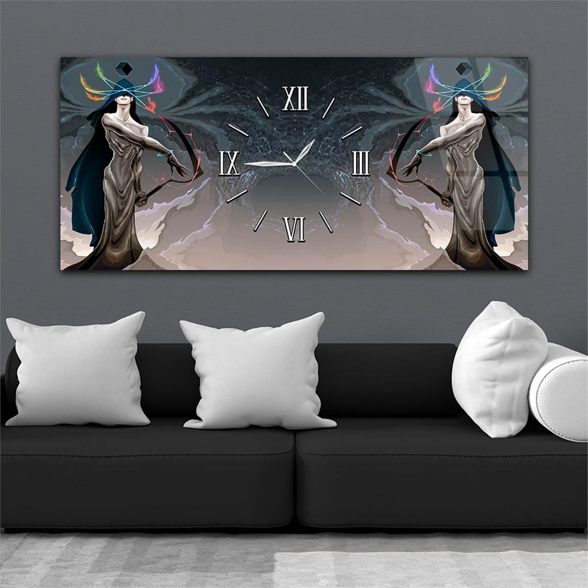 Horizontaal, in Het Midden Voorzien Van Een Klok, Kunst En Natuur Thema Gehard Glasschilderij 091