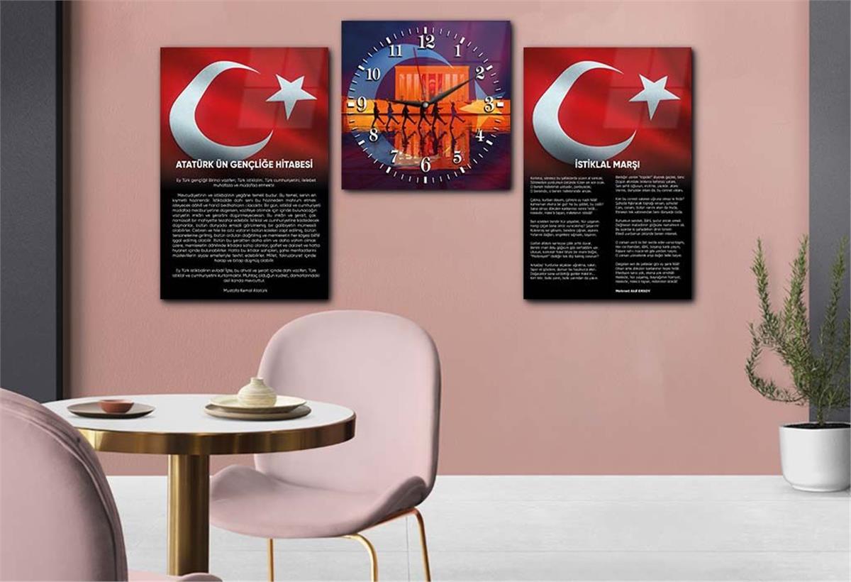 Atatürk and Independence March Glass Wall Art Set with Clock