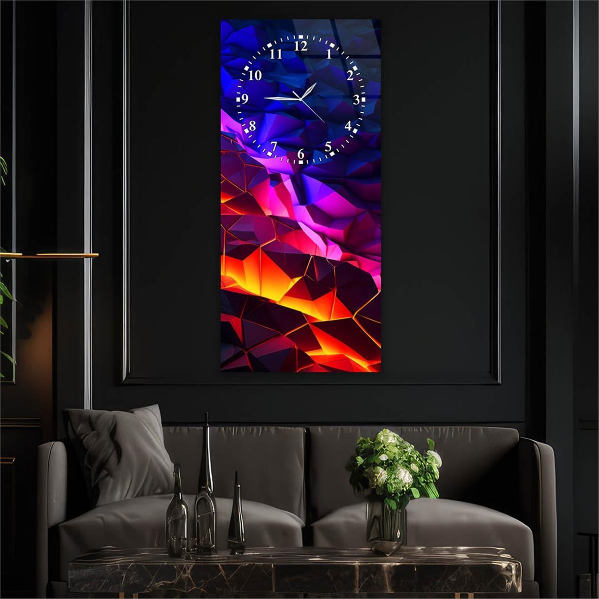 Dikey Üstten Saatli Sanat Temalı Cam Tablo 025