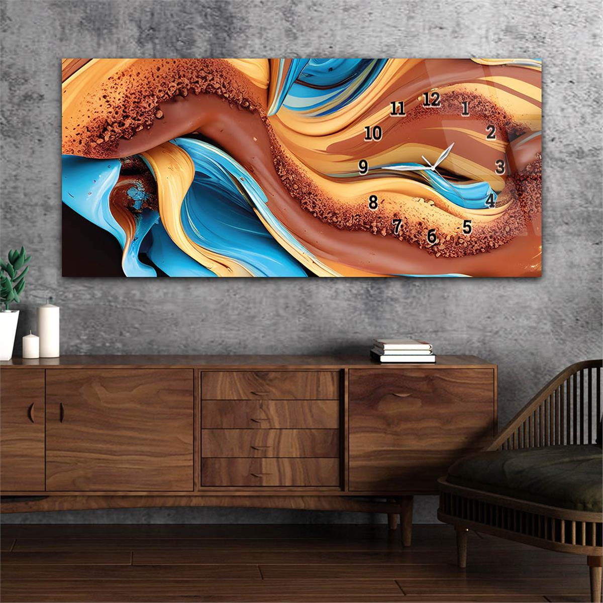 Yatay Saatli Yandan Sanat ve Doğa Temalı Cam Tablo 143