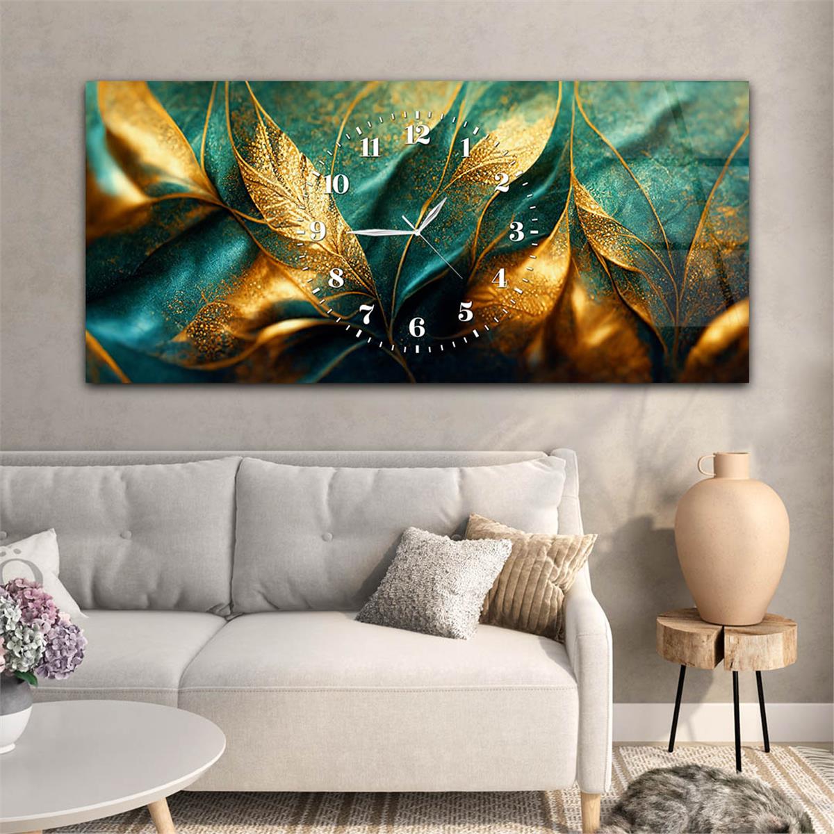 Mavi ve Sarı Renkli Yaprak Desenli Saatli Cam Tablo