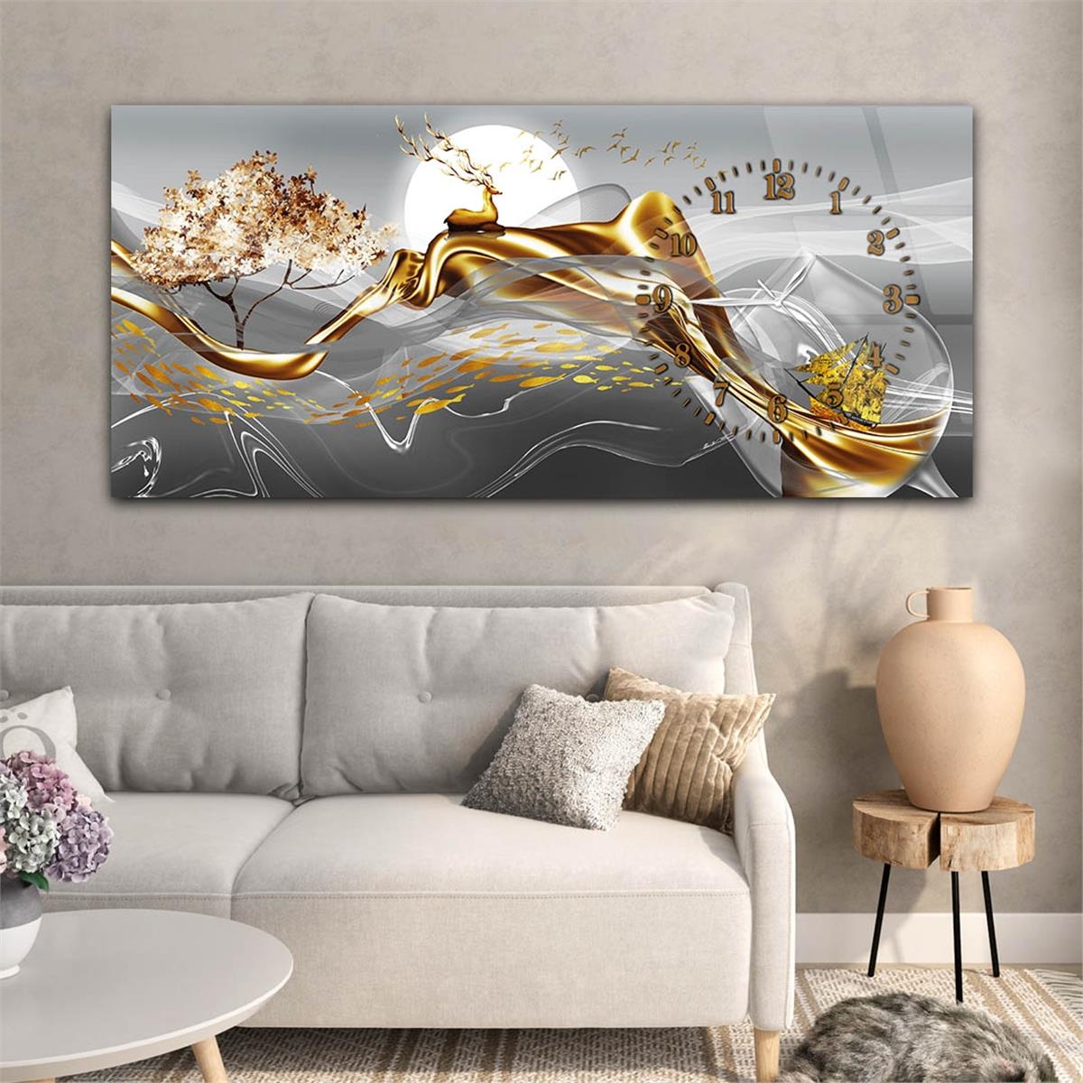 Yatay Saatli Yandan Sanat ve Doğa Temalı Cam Tablo 014