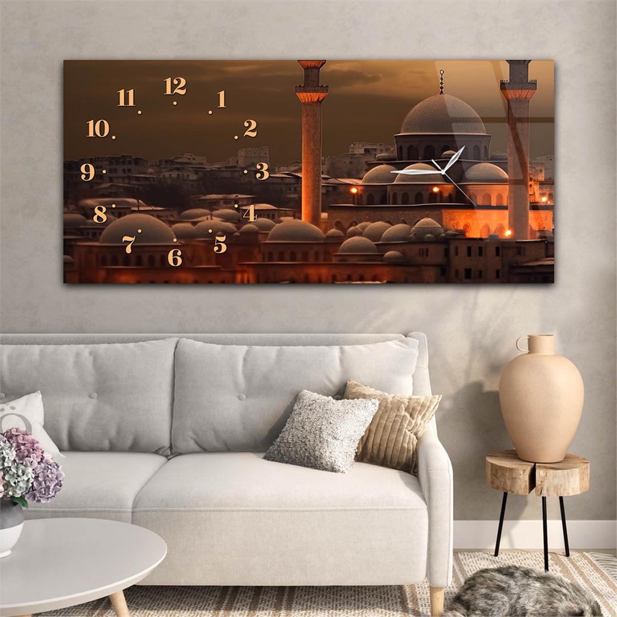 Yatay Saatli Yandan Dini Temalı Cam Tablo 083