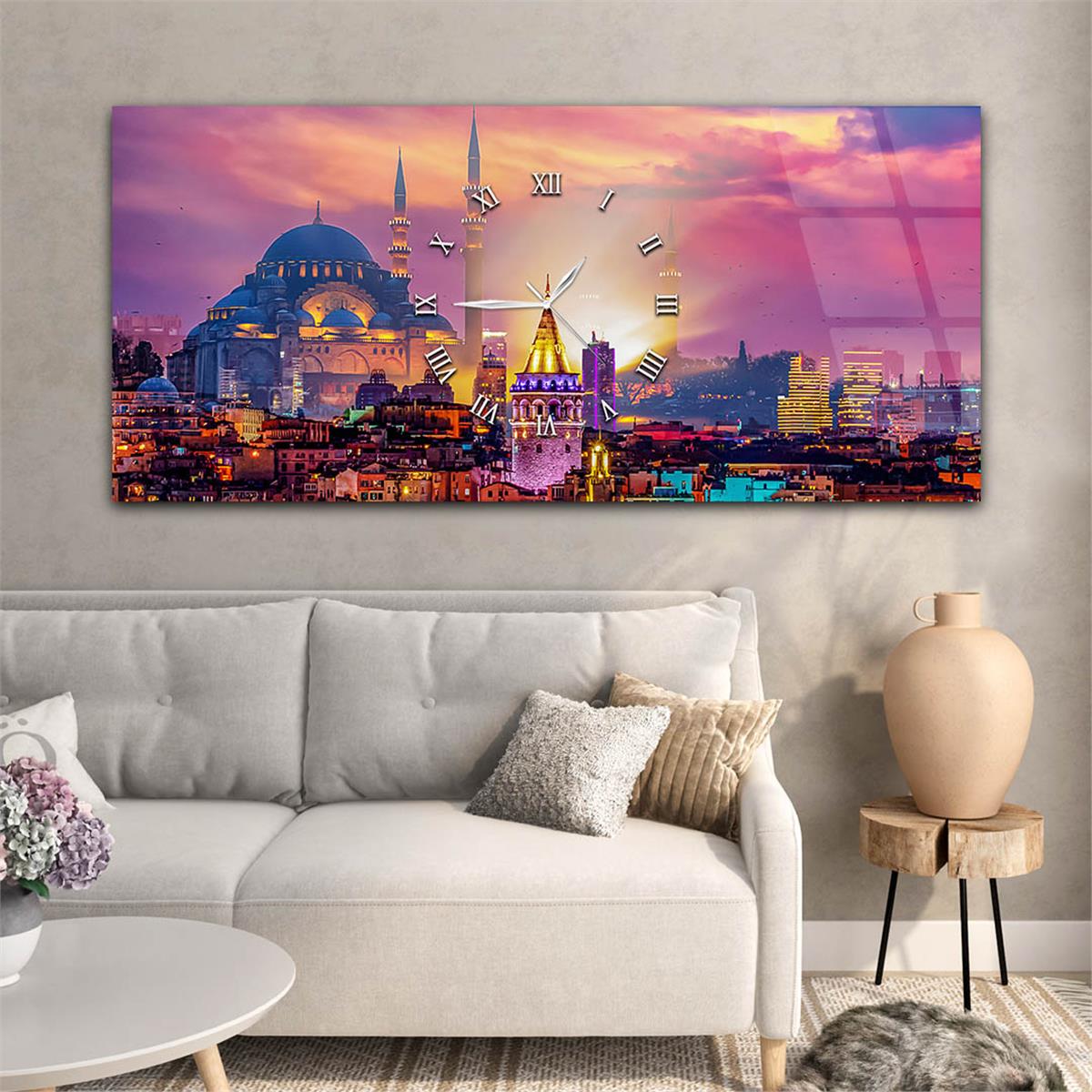 Yatay Ortadan Saatli  Sanat ve Doğa Temalı Cam Tablo 021