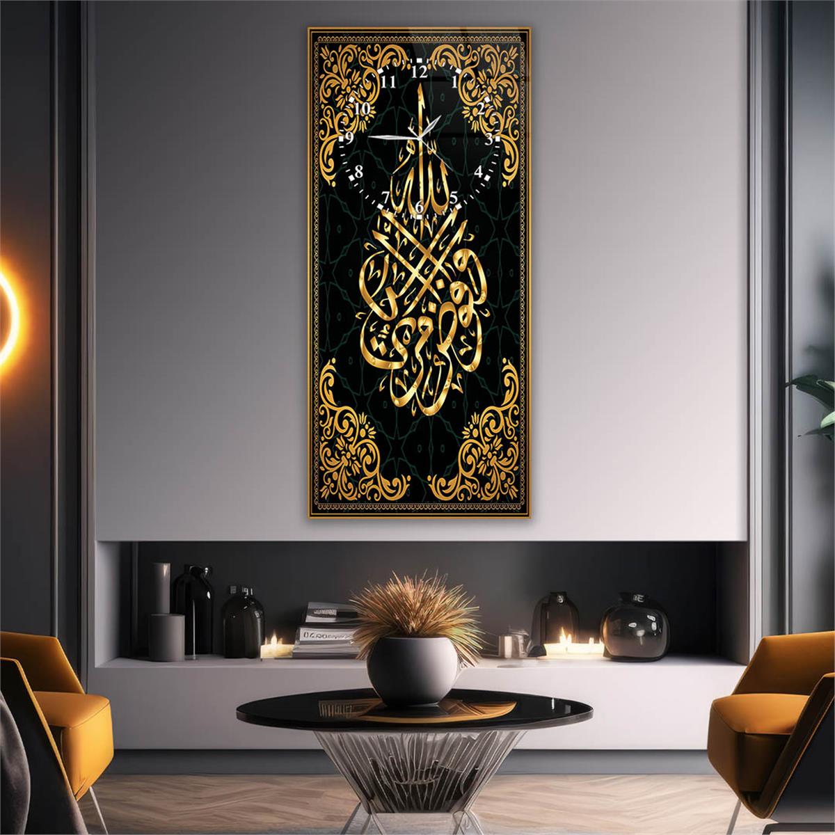 Vertical Religious Themed Glass Wall Art with Clock at the Top  025