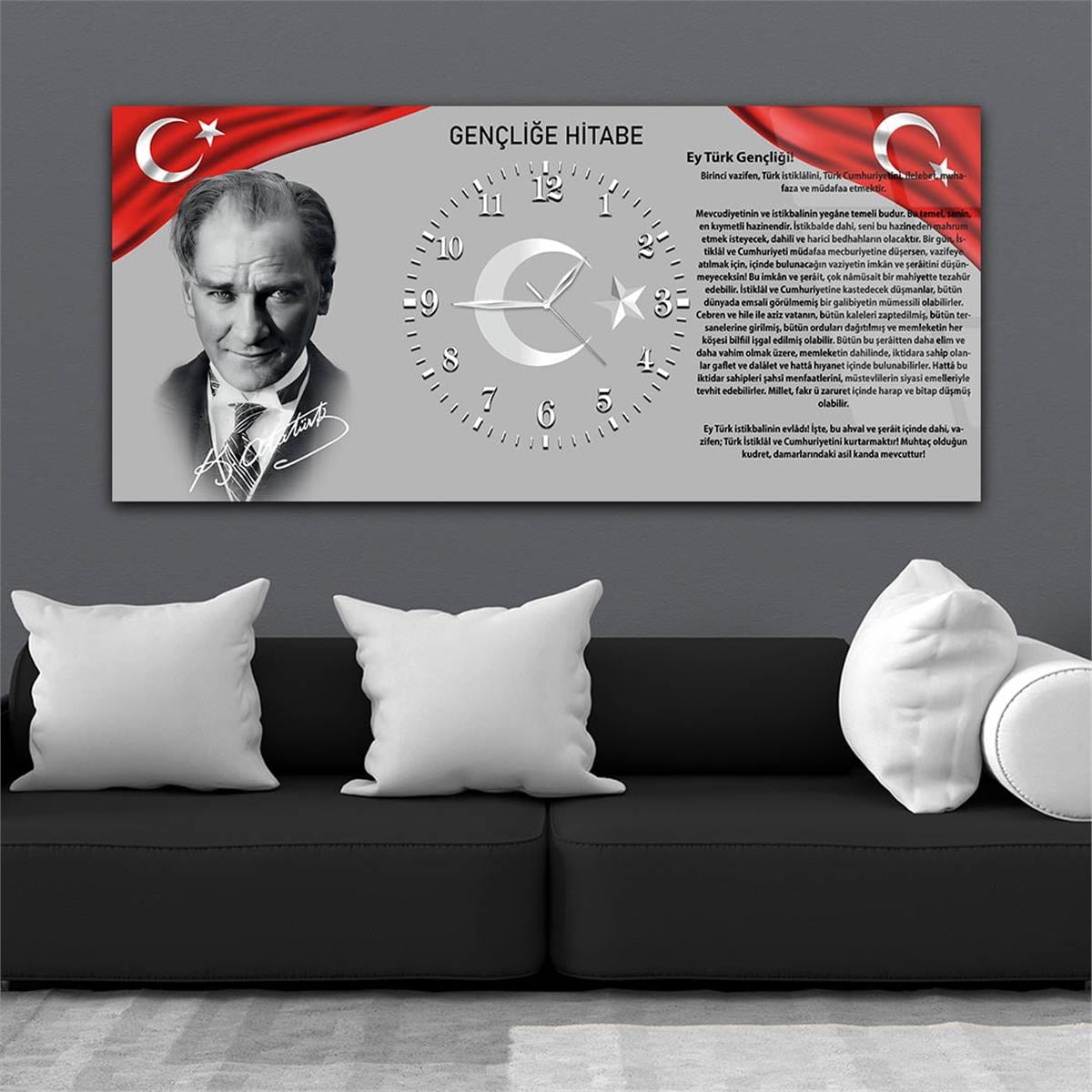 Yatay Ortadan Saatli  Vatan Temalı Cam Tablo 010