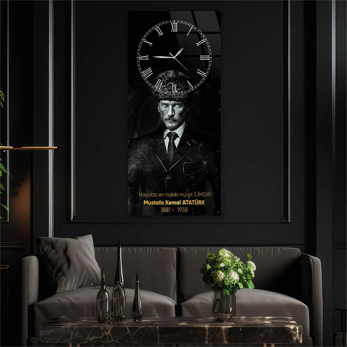 Dikey Üstten Saatli Vatan Temalı Cam Tablo 028