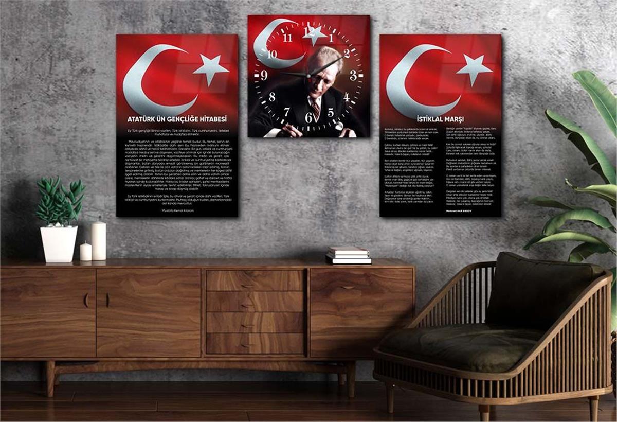 Atatürk and Independence March Glass Wall Art Set with Clock