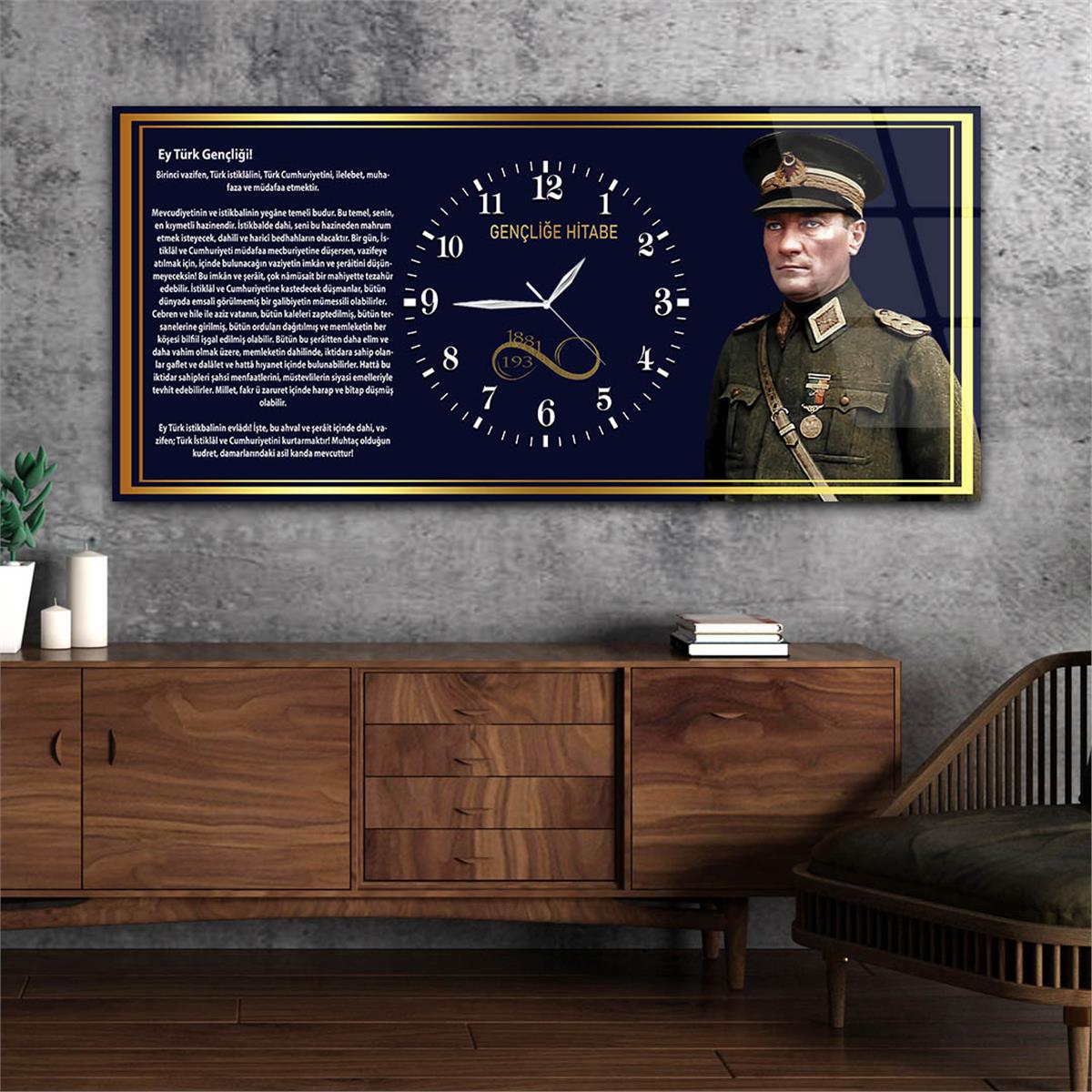 Mustafa Kemal Atatürk ve Gençliğe Hitabe Yatay Ortadan Saatli Cam Tablo 038