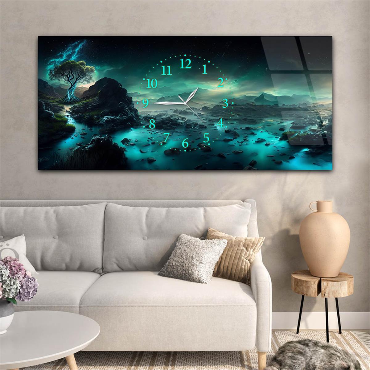 Horizontaal, in Het Midden Voorzien Van Een Klok, Kunst En Natuur Thema Gehard Glasschilderij 062