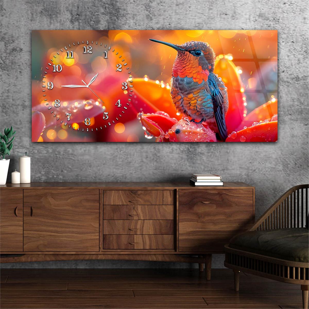 Yatay Saatli Yandan Sanat Temalı Cam Tablo 369