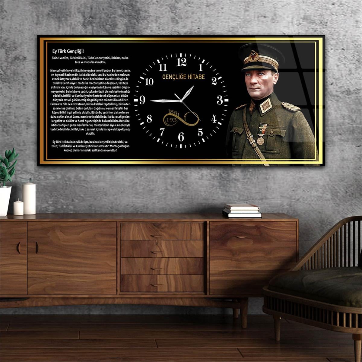 Asker Kıyafetli Atatürük ve Gençliğe Hitabe Saatli  Cam Tablo 036