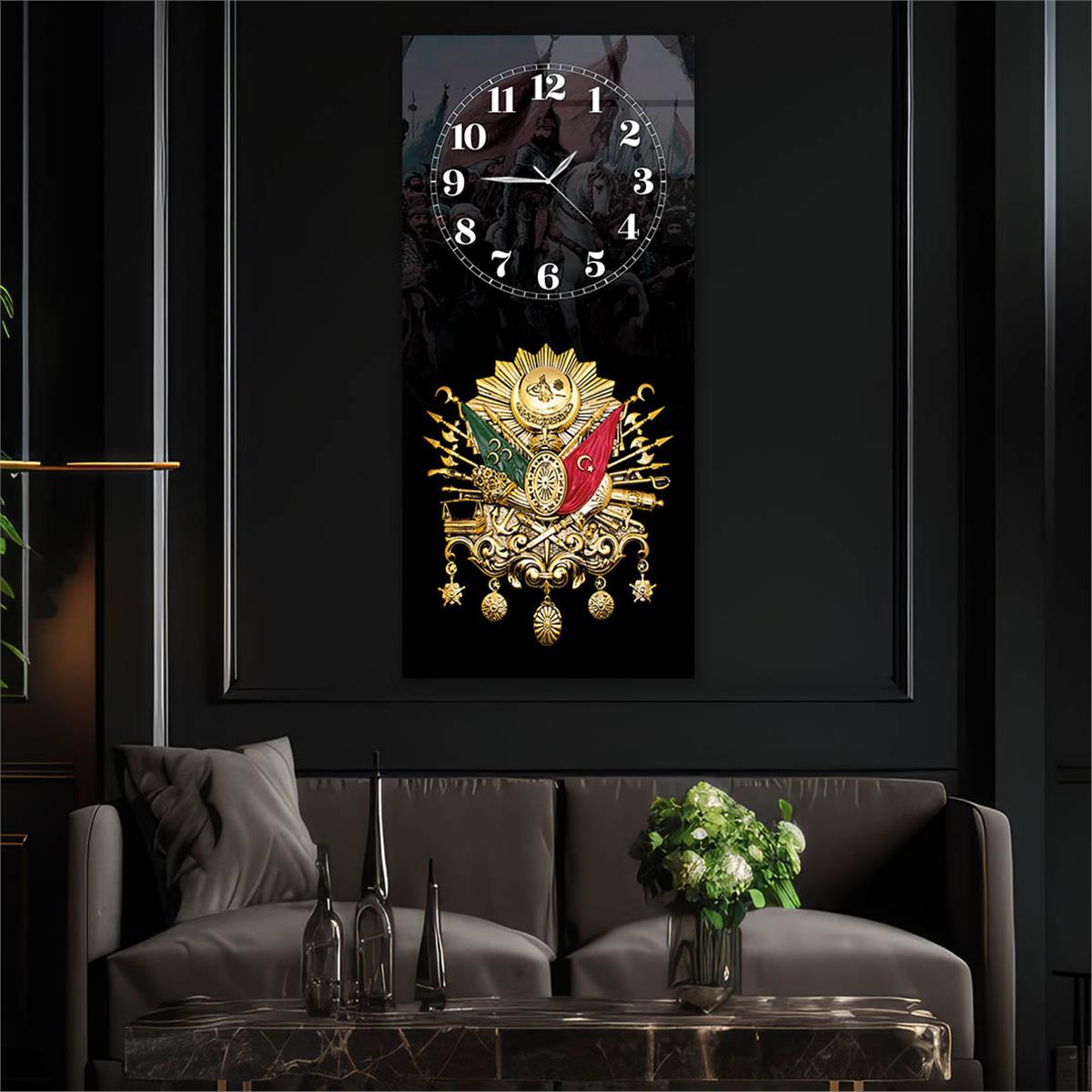 Vertical National Themed Glass Wall Art with Clock at the Top 009