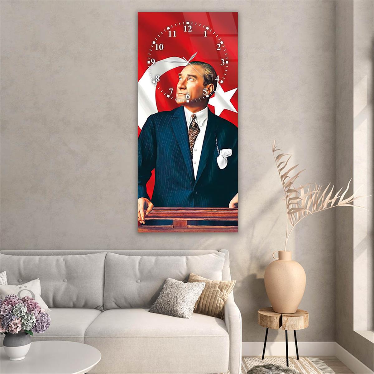 Vertical National Themed Glass Wall Art with Clock at the Top 004